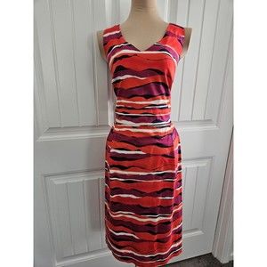 Anne Klein 18W Red Pink Navy Wave Stripe A Line Flare dress Work Cocktail